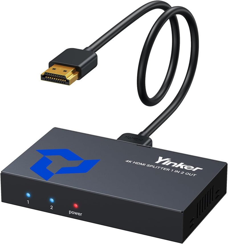 Yinker 4K HDMI Splitter 1 in 2 Out w/5Ft Cable, Metal Shell 1x2 HDMI Splitter Mirror 1 Video on Dual Monitors (Not Extended Display), USB Powered Distributor Supports 4K@30Hz, 3D,1080P@60Hz - Image 1